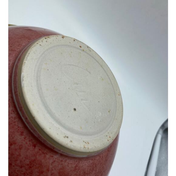 Handmade Pottery handled dish pour spout round red floral Signed Art pottery - Picture 6 of 8